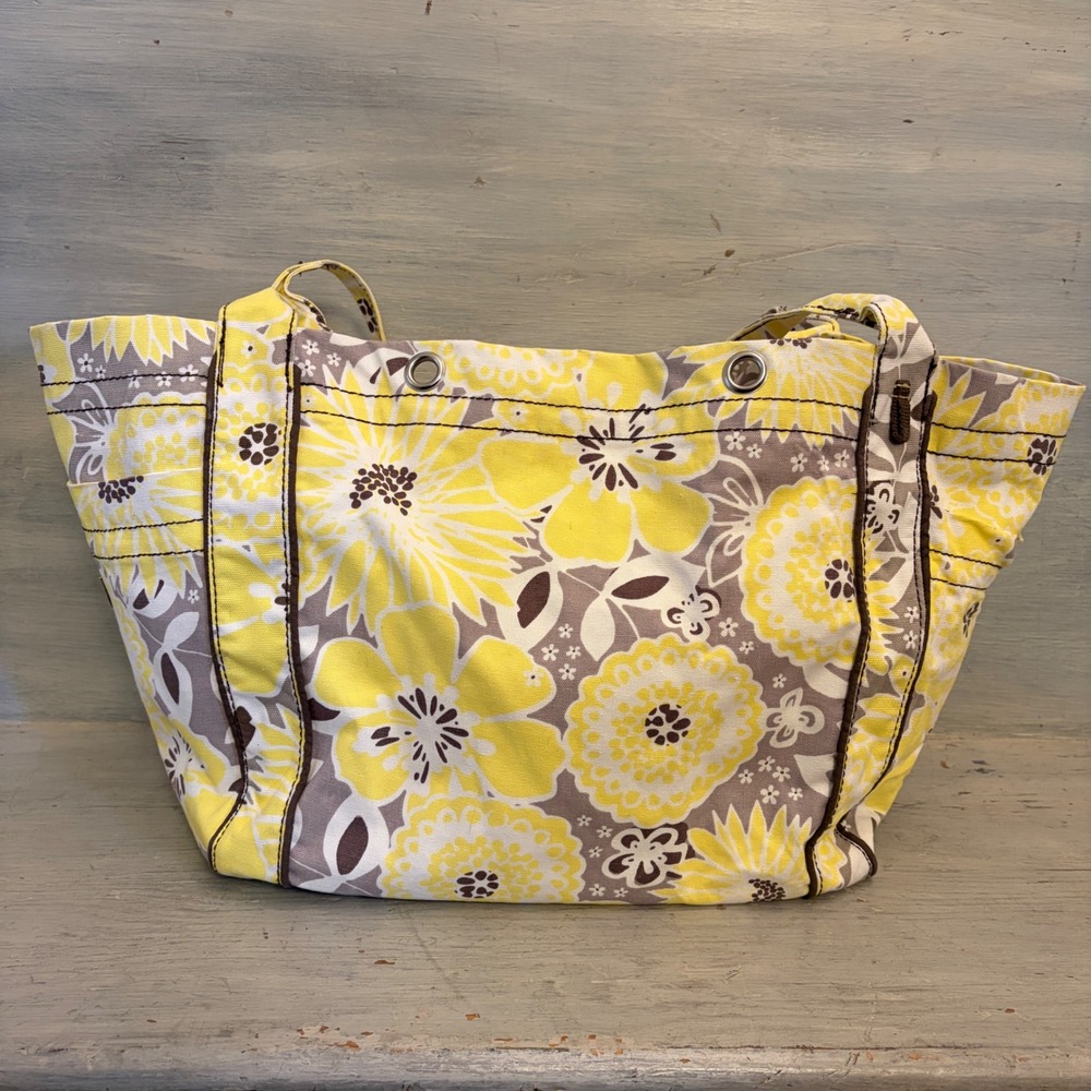 ThirtyOne Yellow/Gray/Brown Floral Print Canvas Shoulder Tote‎ Bag GC